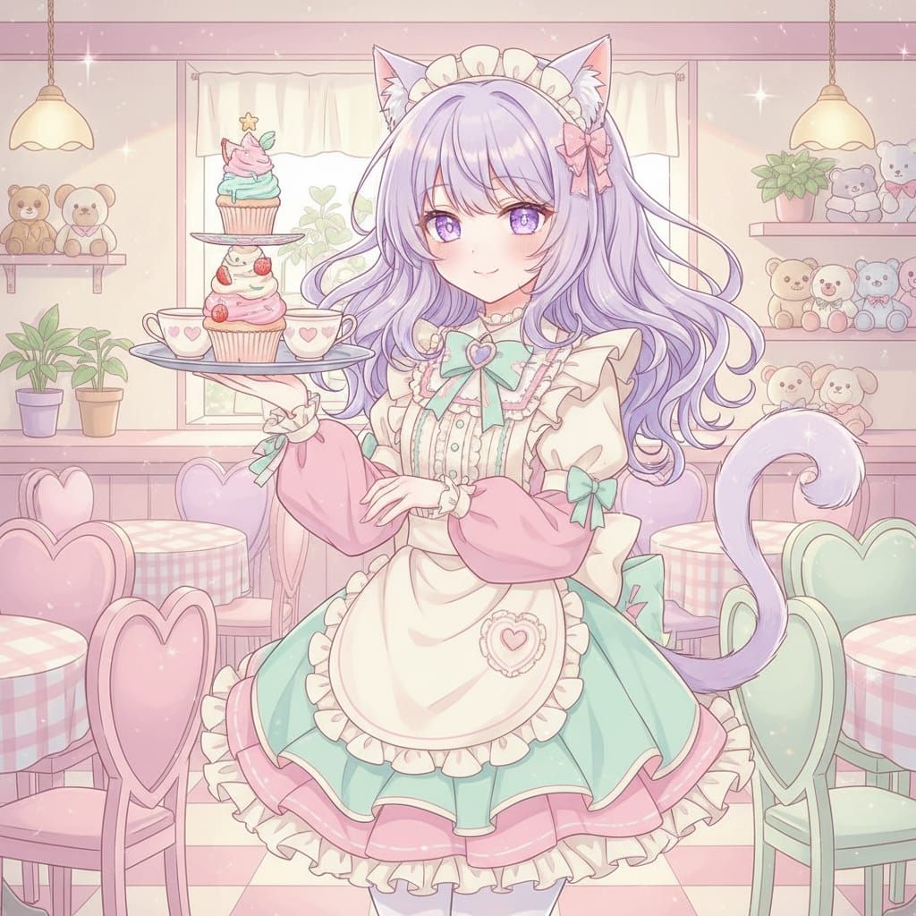 Anime Catgirl Balancing Treats in Pastel Café