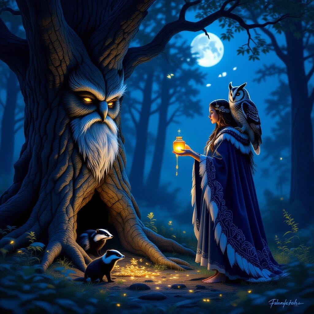 Forest Daughter Offers Gifts at Moonlit Heart-Tree