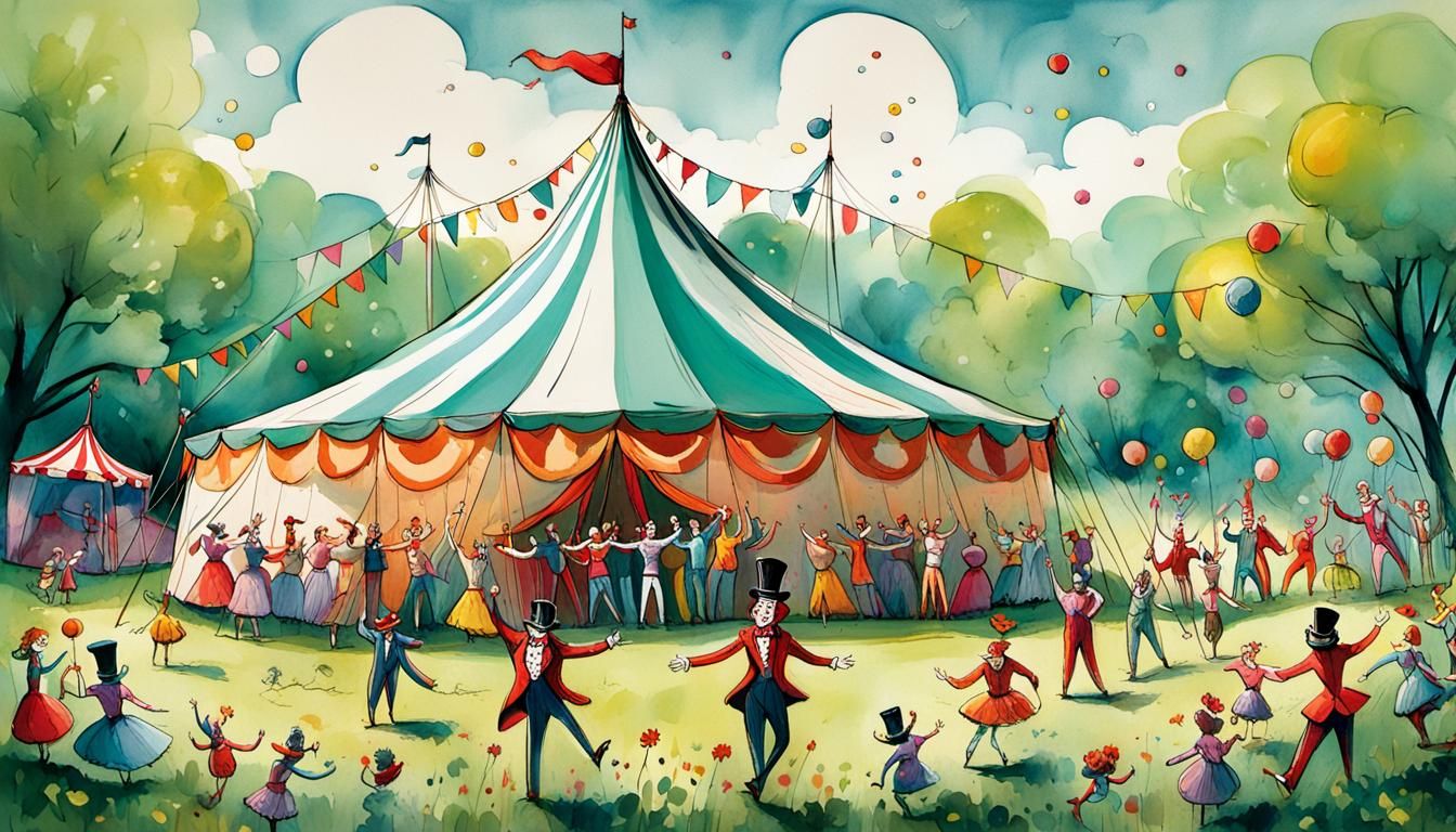 Colorful Circus Performers in Lush Meadow: Whimsical Illustr...