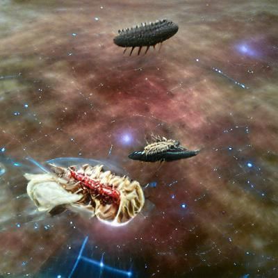 Anthropoid Starship Battles Giant Space Worm