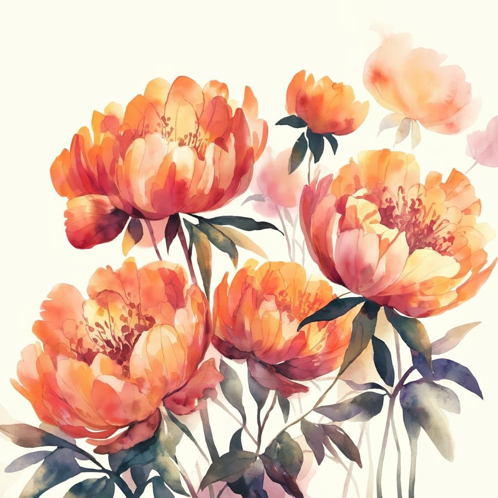 Vibrant Orange Peonies in Whimsical Watercolor Style