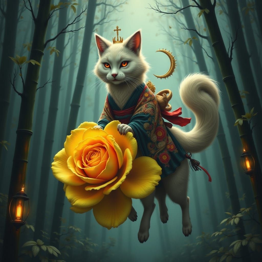 Kitsune Rides Giant Rose Through Enchanted Bamboo Forest