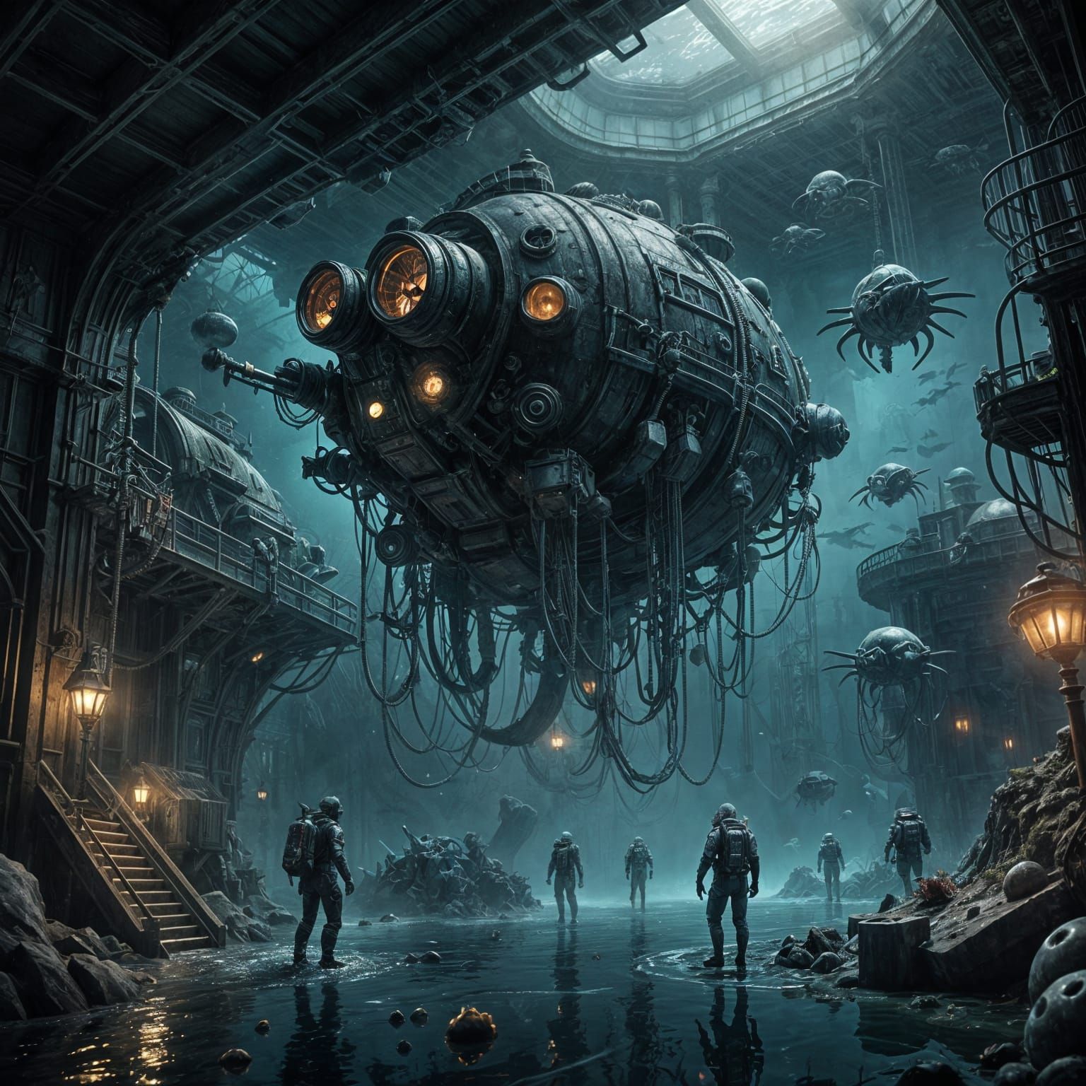 Haunted Underwater Research Station in Dark Fantasy Style