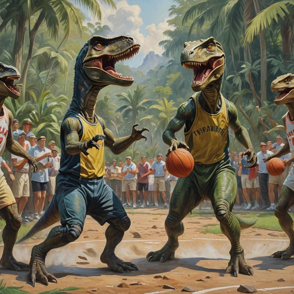 Tyrannosaurs Play Basketball in Impressionist Style