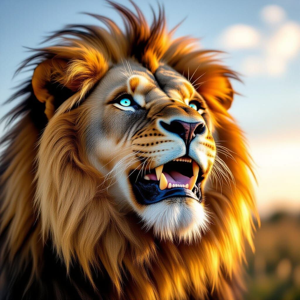 Majestic Lion Laughs at Golden Hour, Heavenly Background