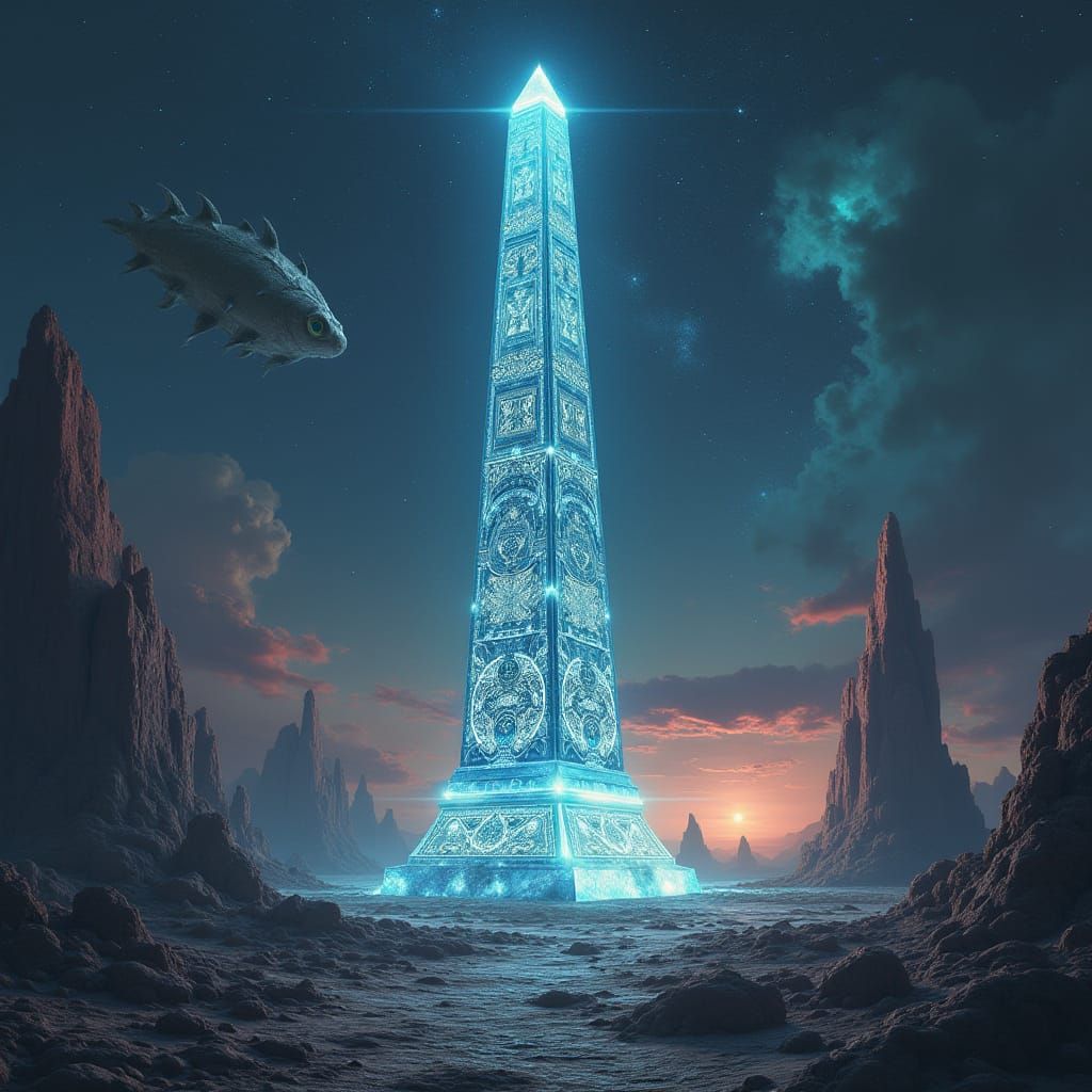 Bioluminescent Crystal Obelisk in Cosmic Horror Style