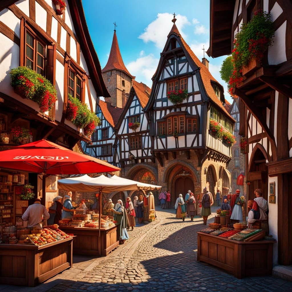 Colorful Medieval Market Square with Graffiti Art