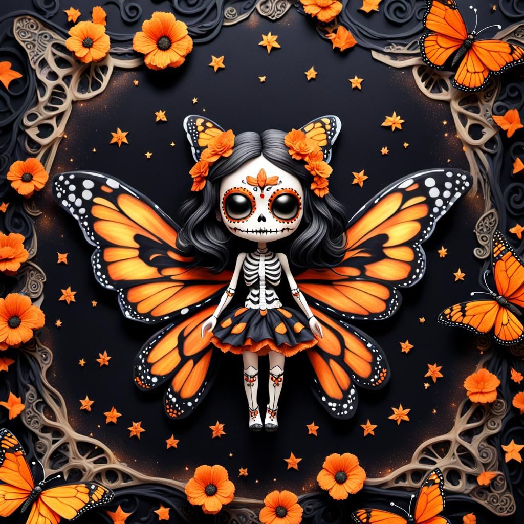 Envision a delicate Chibi sugar skull fairy starry night with characteristics made entirely of bones and ethereal monarc...