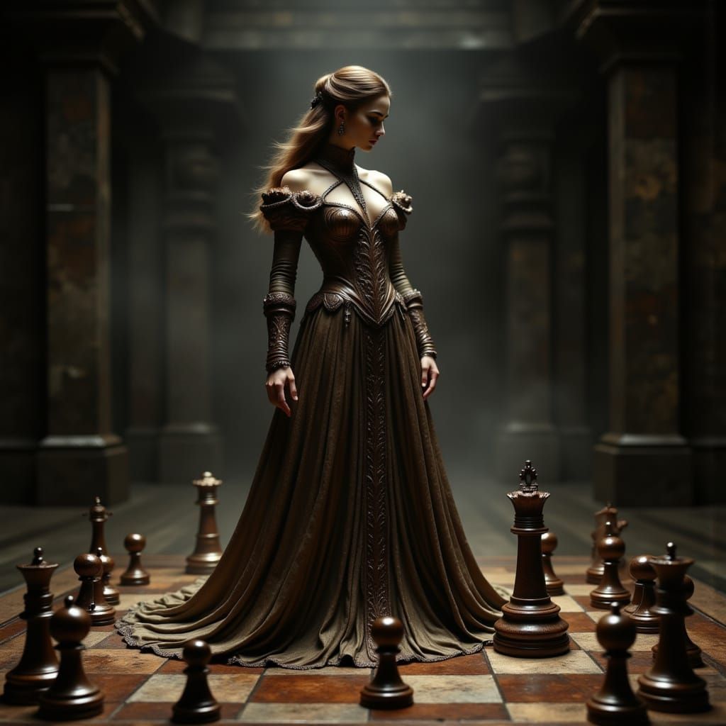 Woman as Chess Queen in Ethereal Hall