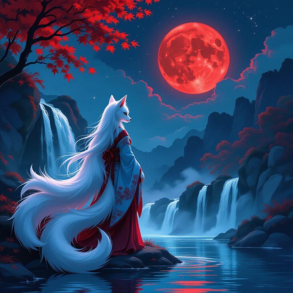 Mystical Water Fox Beside Glowing Waterfall Under Red Moon