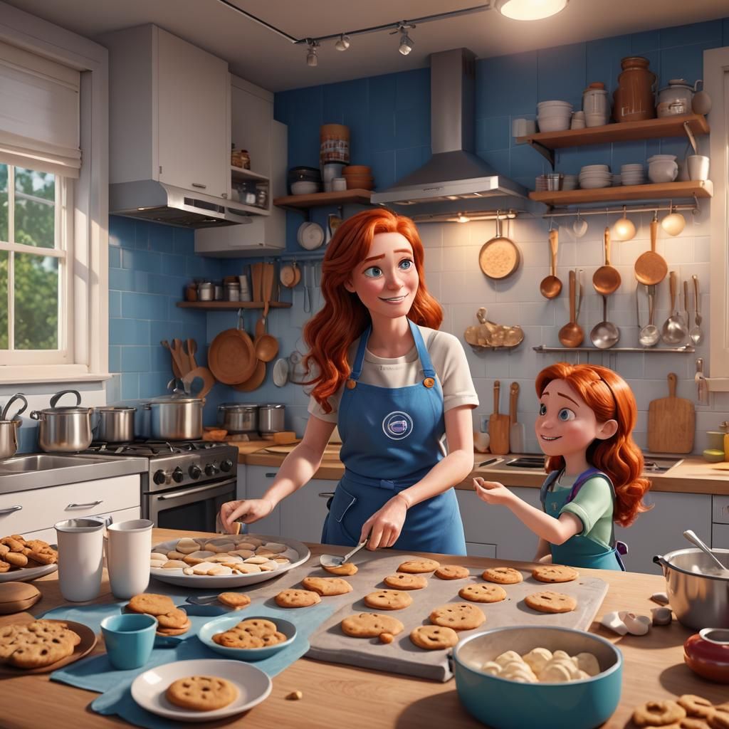 Girl Baking Cookies with Mother: 3D Digital Art
