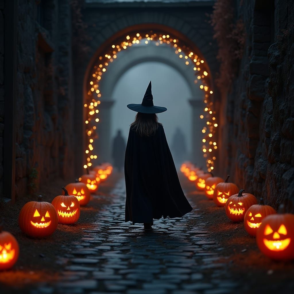Witch Approaches Tunnel Entrance With Jack-o'-Lanterns