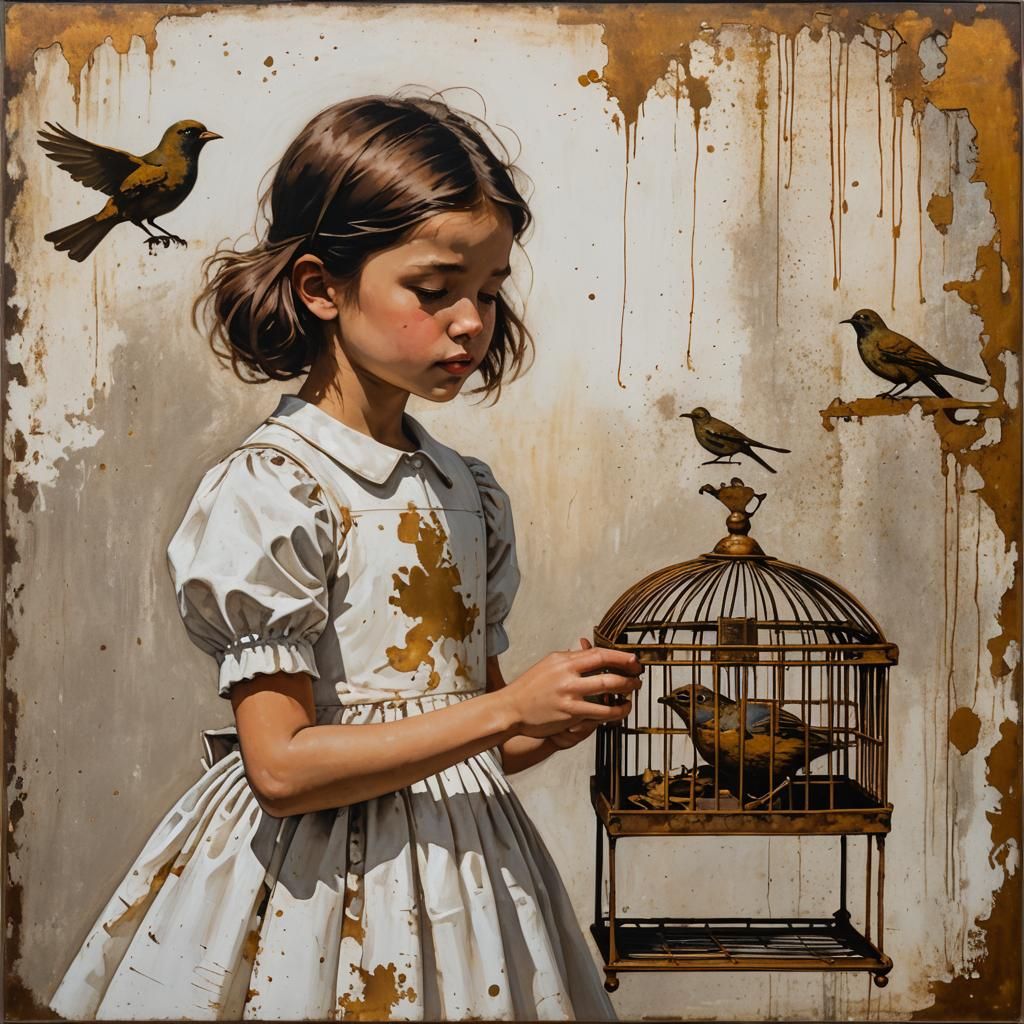 Girl and Bird in Cage: Patina Effect