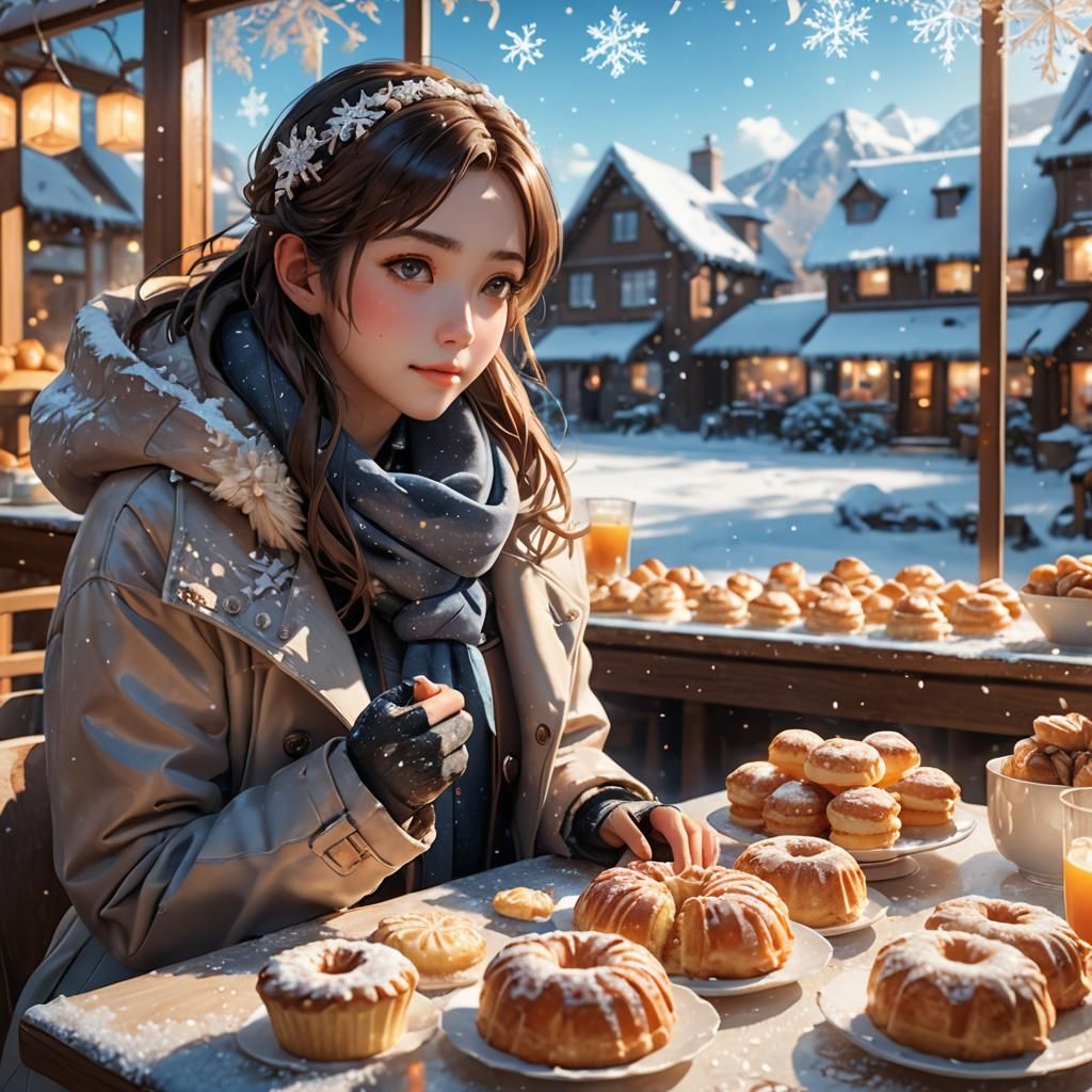 Anime Woman in Snowy Landscape with Pastries