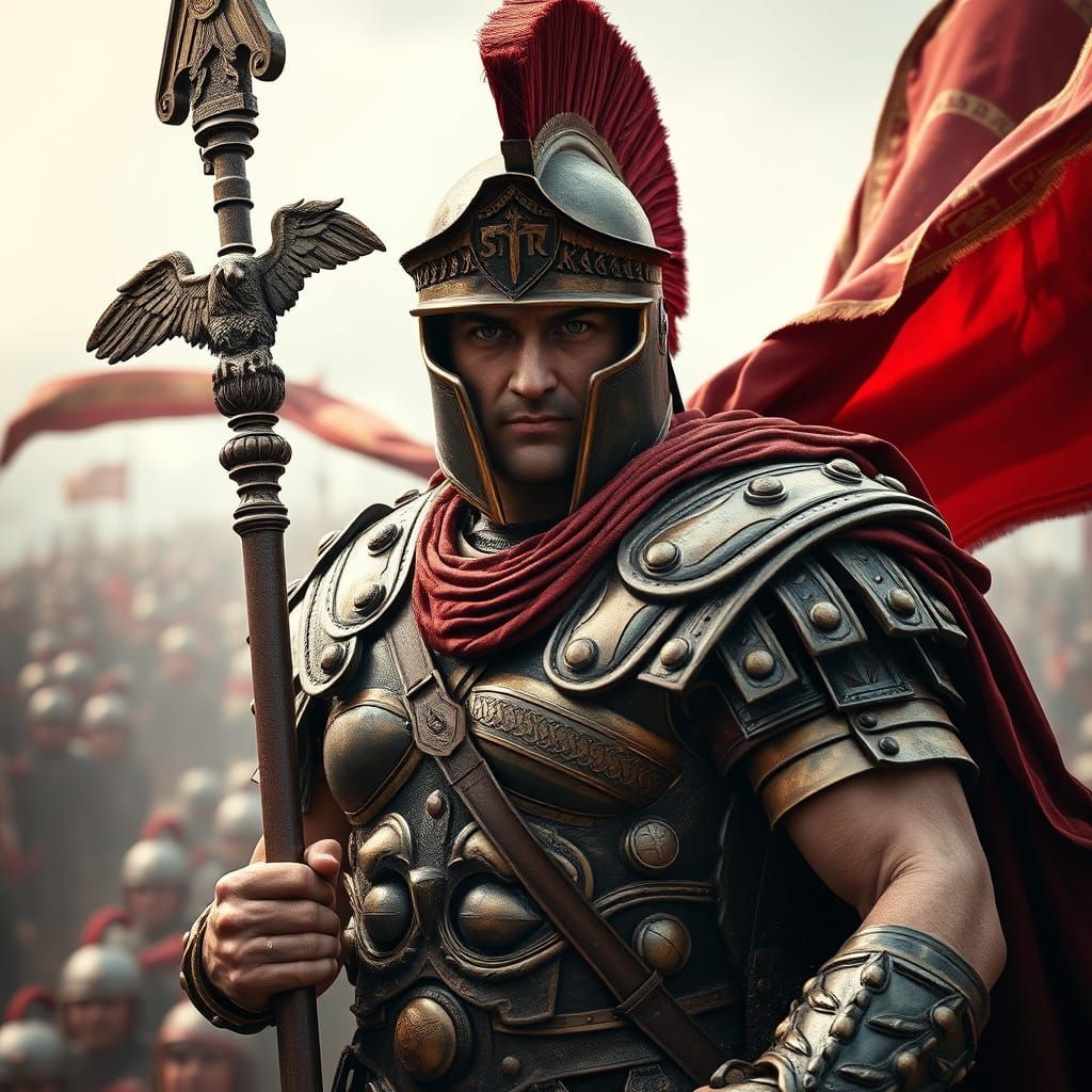 Roman Centurion Triumphs in Bronze Armor, Crimson Cape, and ...