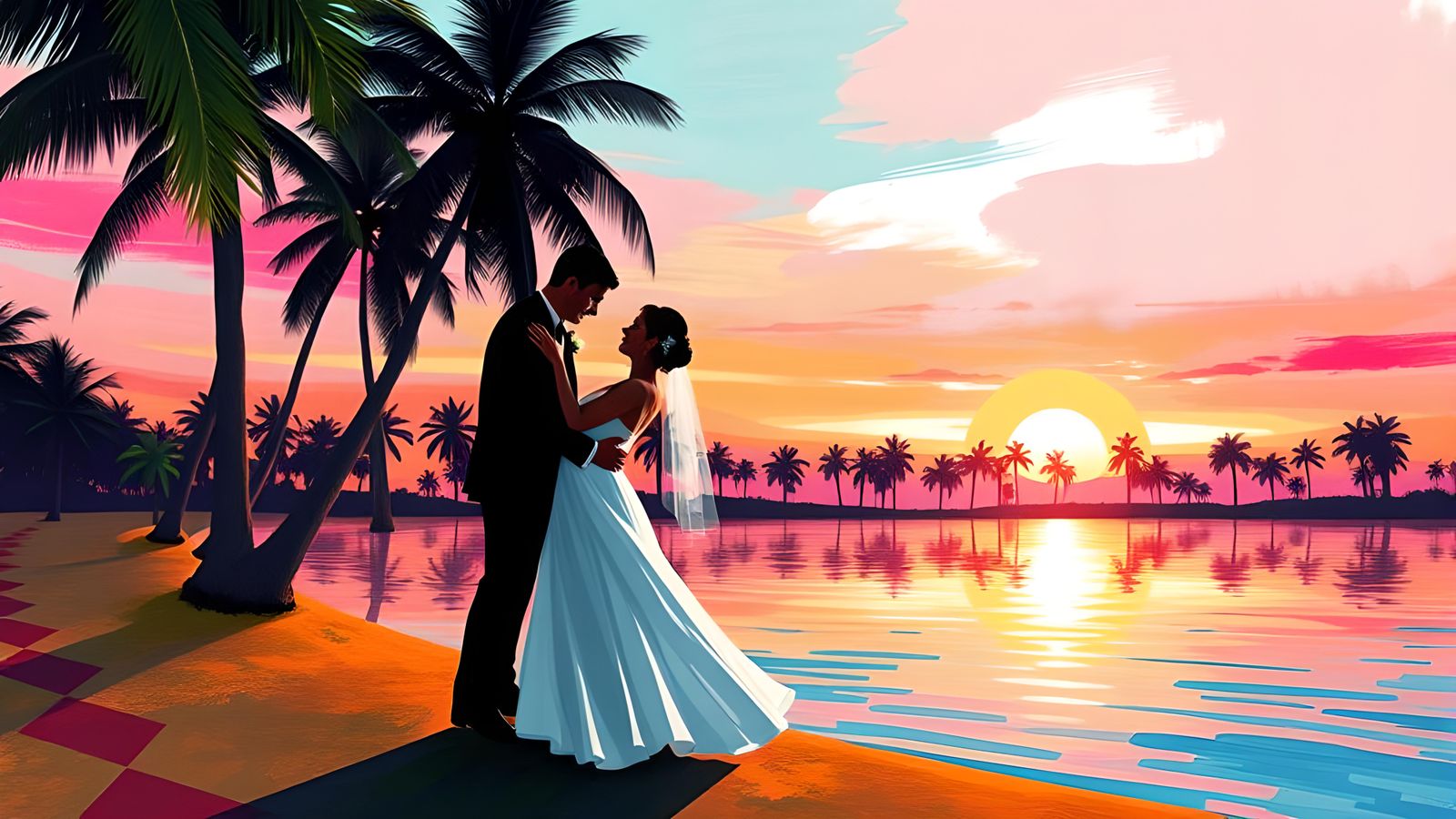 Wedding Couple Dancing at Sunset: Digital Art