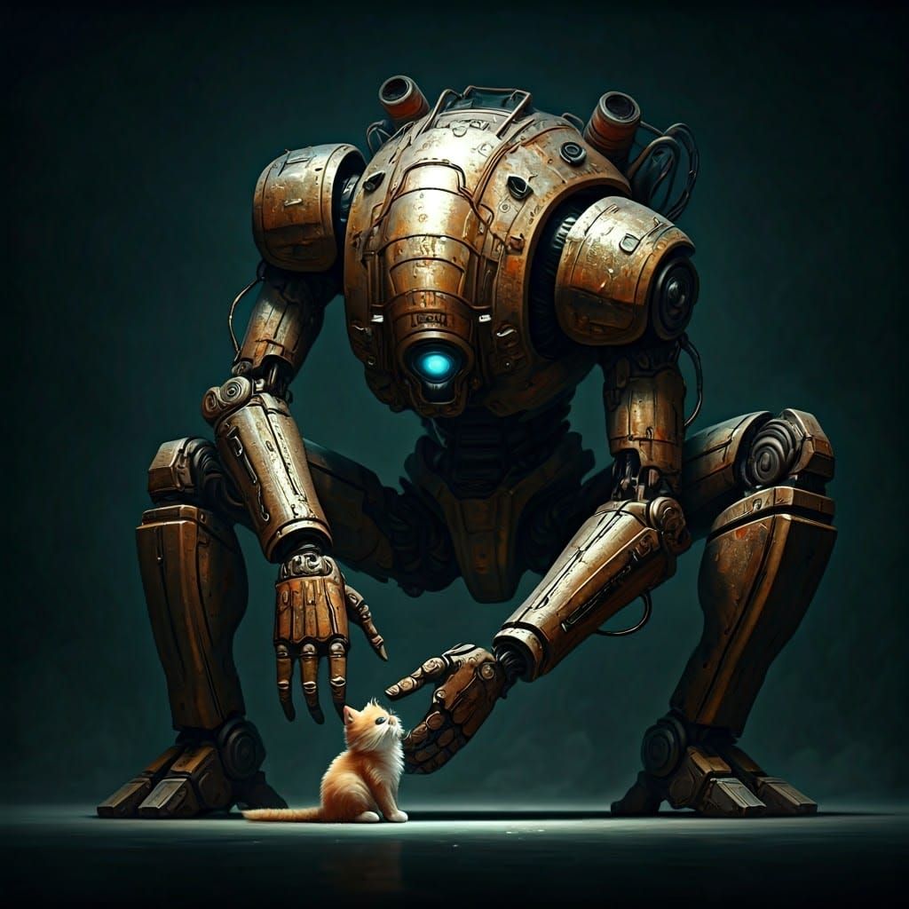 Colossal Mech Robot Pats Cute Kitty in Sci-Fi Style