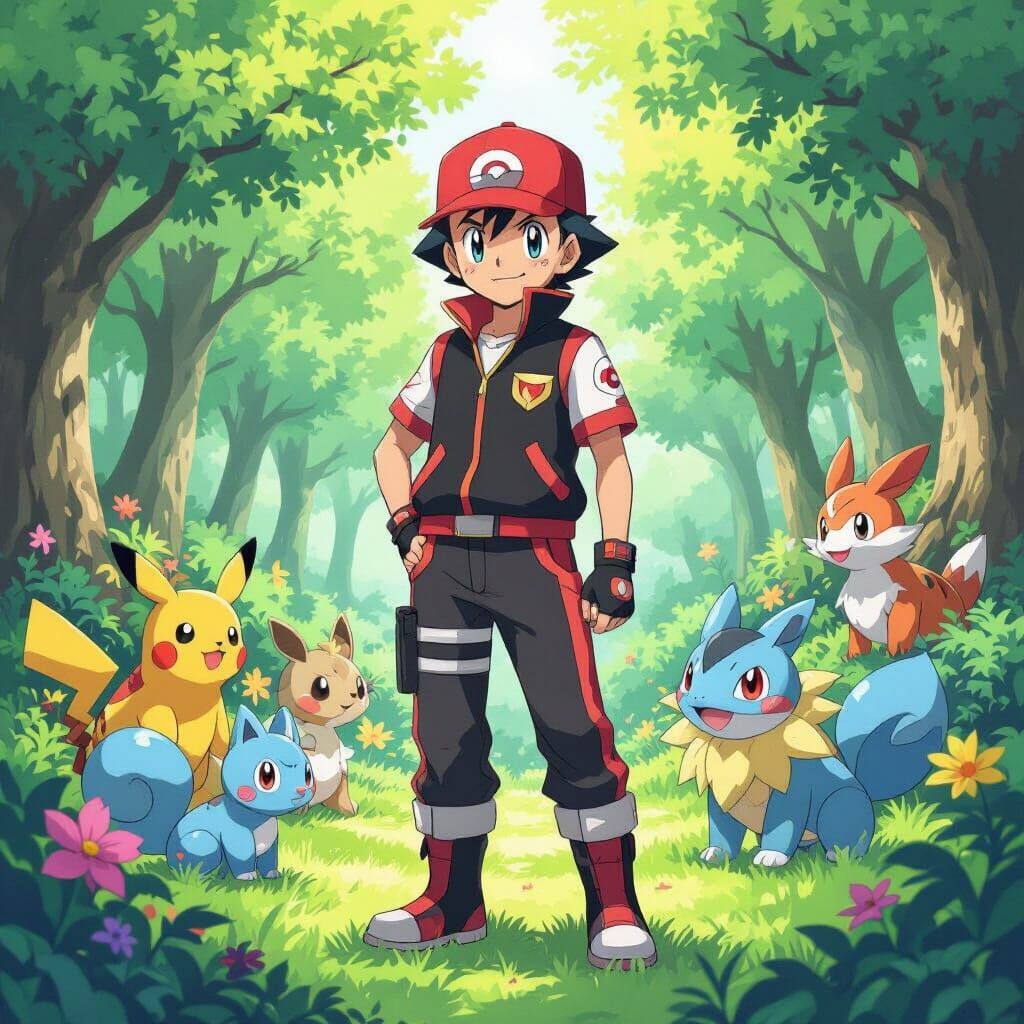 Ash Ketchum in Lush Forest: Anime-Inspired Illustration