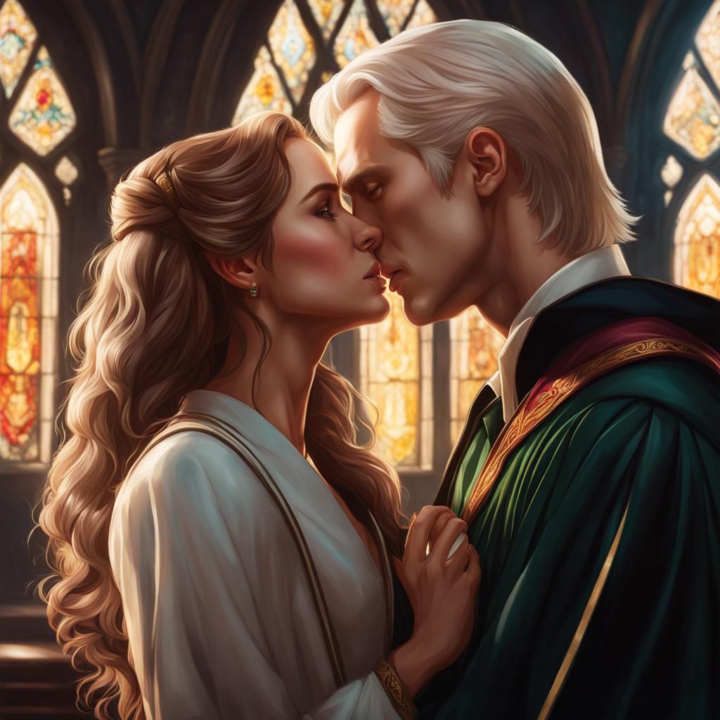Hermione and Draco Kissing, Hyperdetailed Portrait