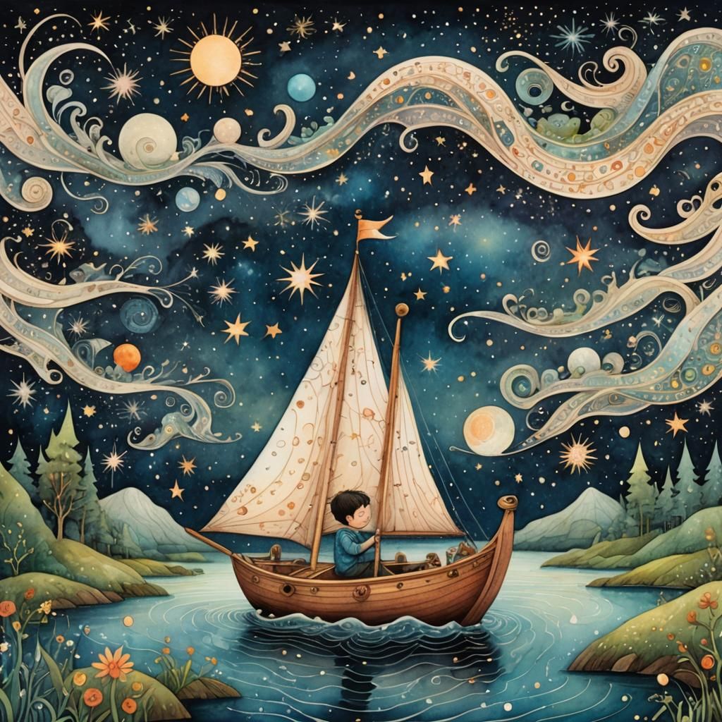 Boy Sails Starry River: Surreal Folk Art