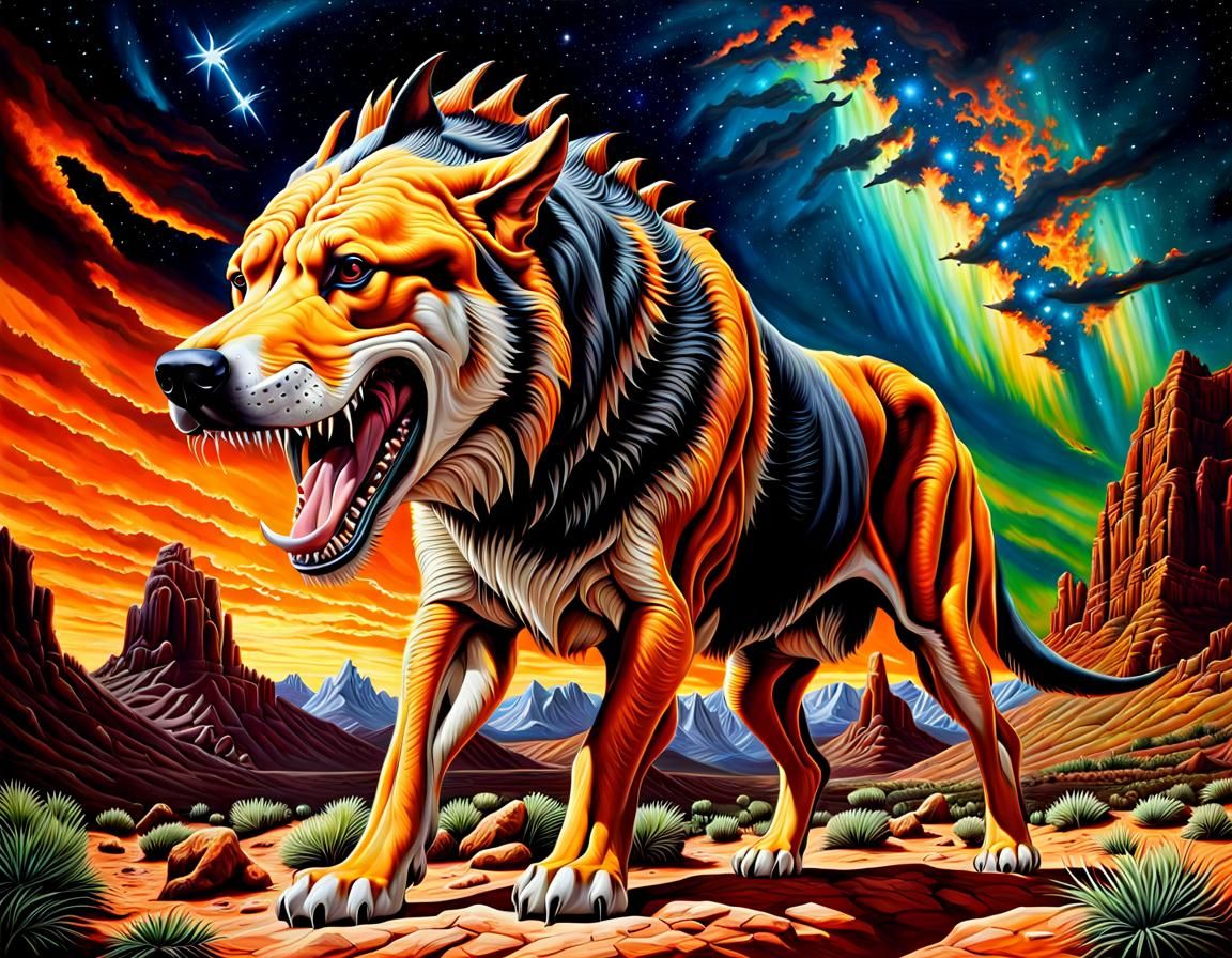 Giant Prehistoric Dog in Detailed Oil Painting