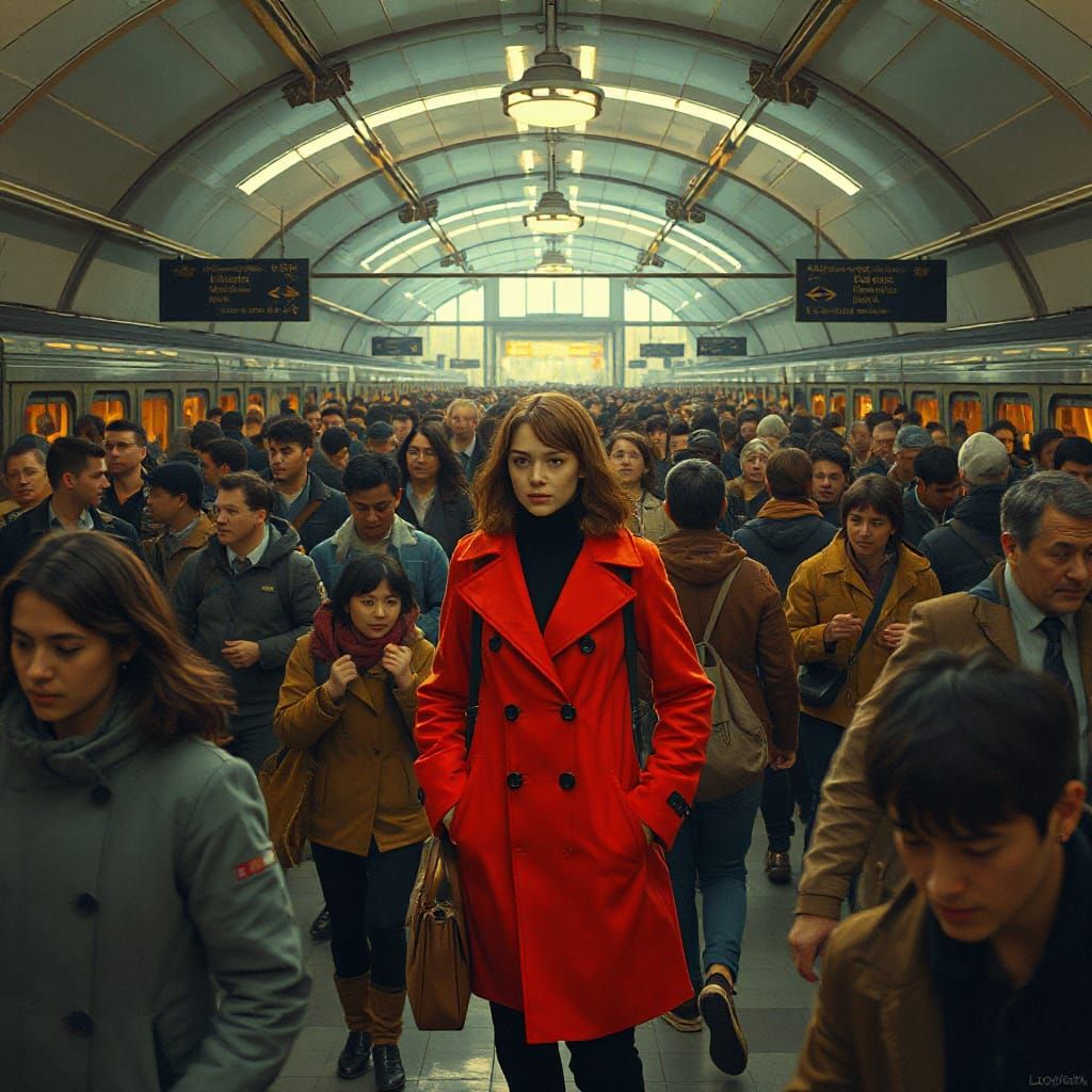 Woman in Red Coat in Crowded Train Station