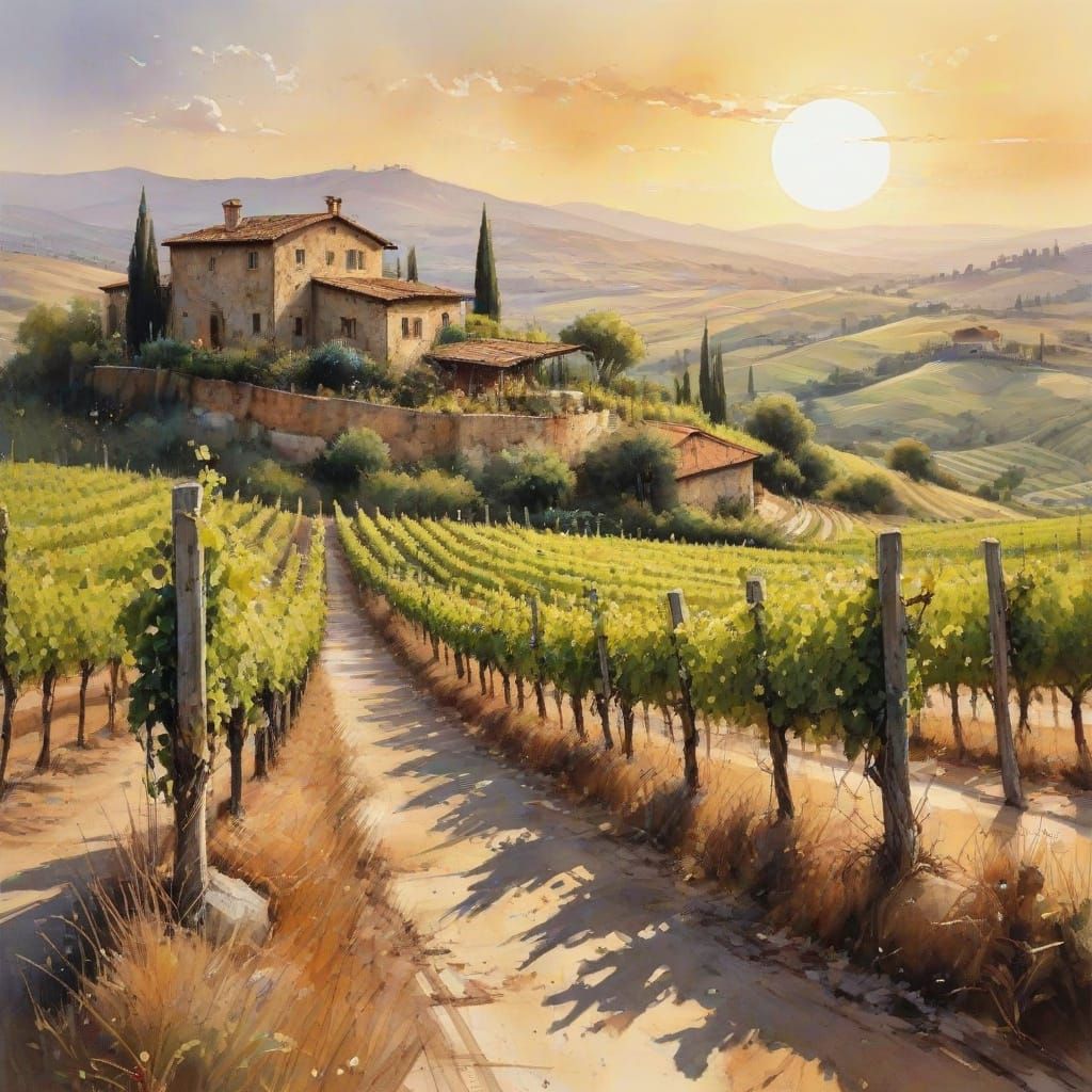 Tuscan Vineyard Landscape in Watercolour Style