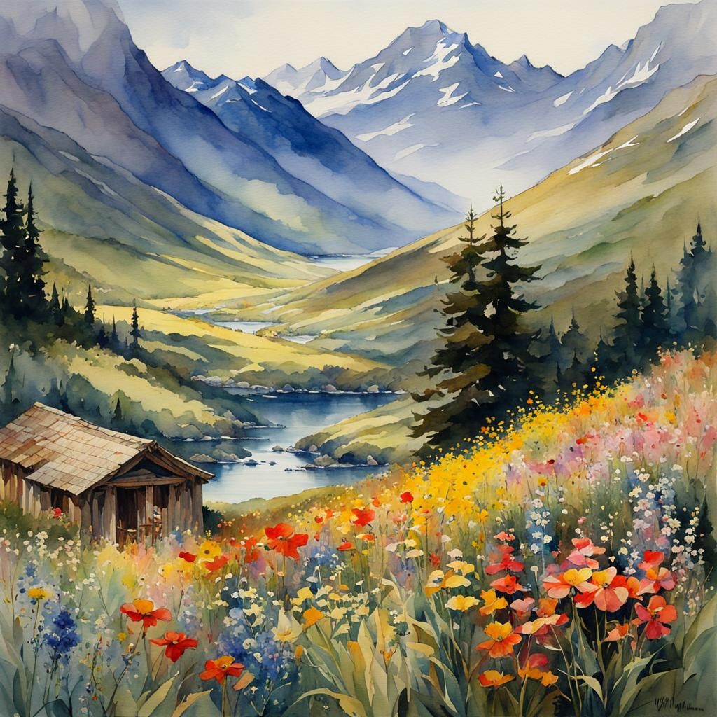 Watercolor Mountain Landscape with Wildflowers, Anime Style