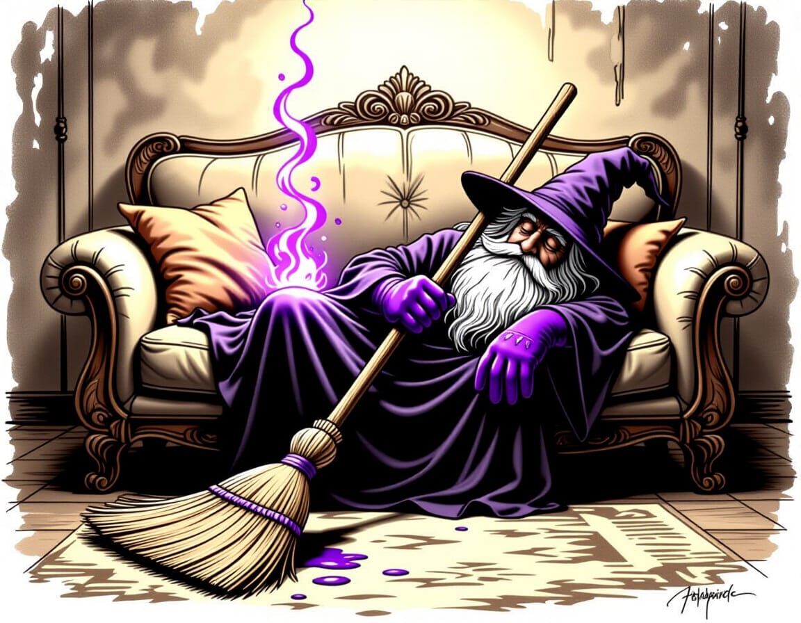 Wizard Sleeping While Magical Broom Cleans