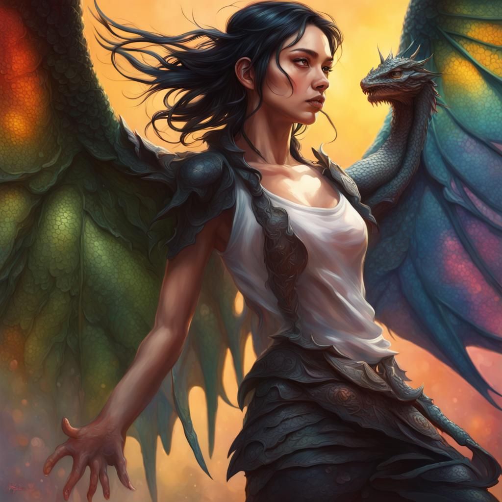 Girl with Dragon Wings in Hyperrealistic Splash Art