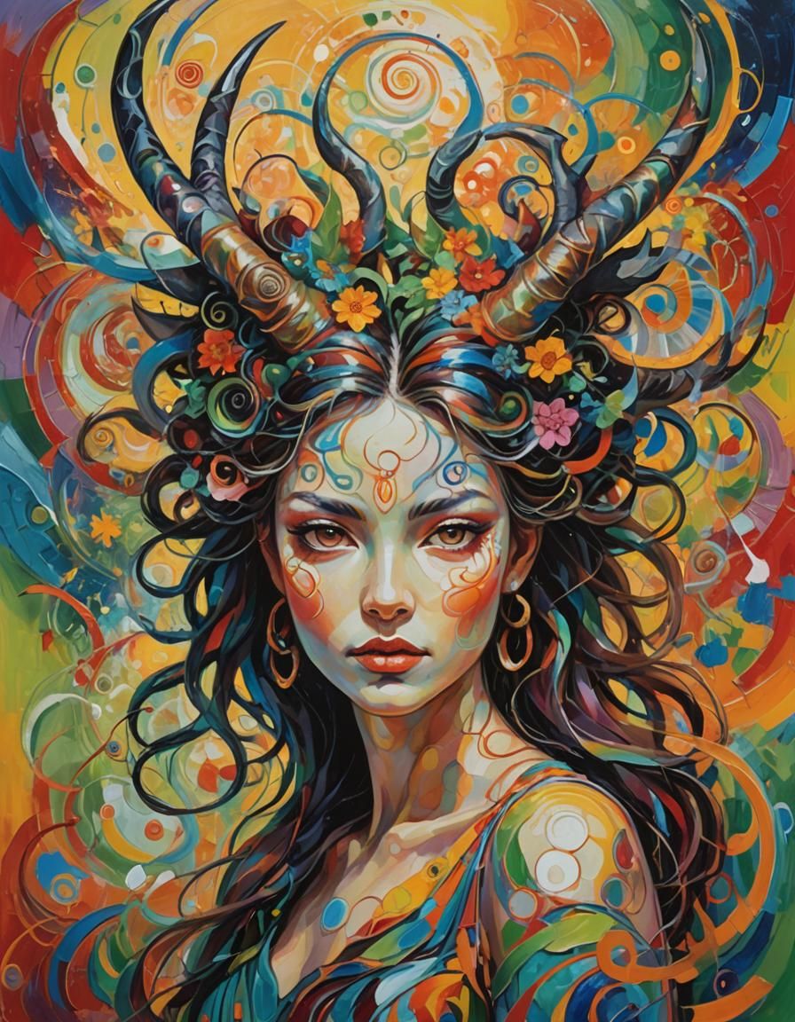 Majestic Horned Woman with Galaxy Hair, Neo-Expressionist Pa...