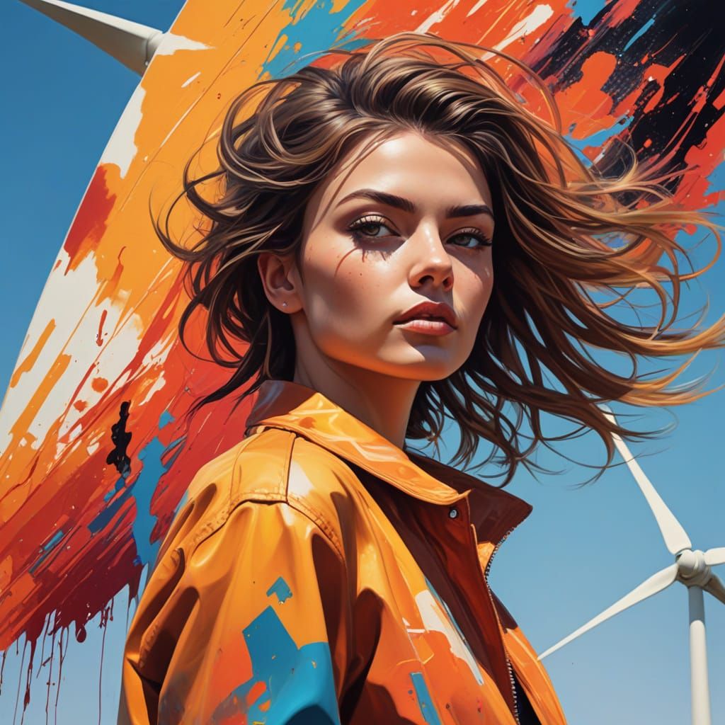 Urban Painter on Wind Turbine at Sunrise