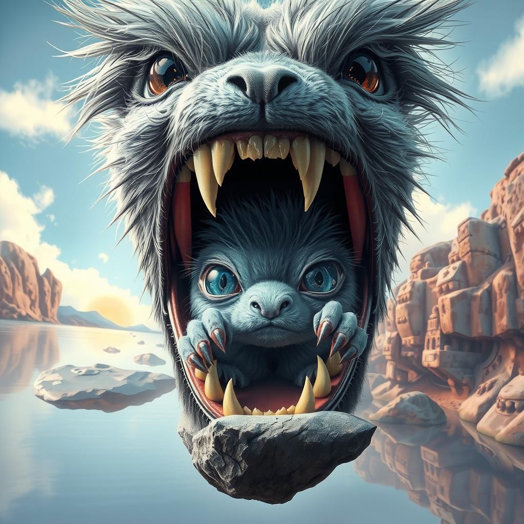 Surreal Open Mouth and Creature, Hyperdetailed Charcoal Draw...