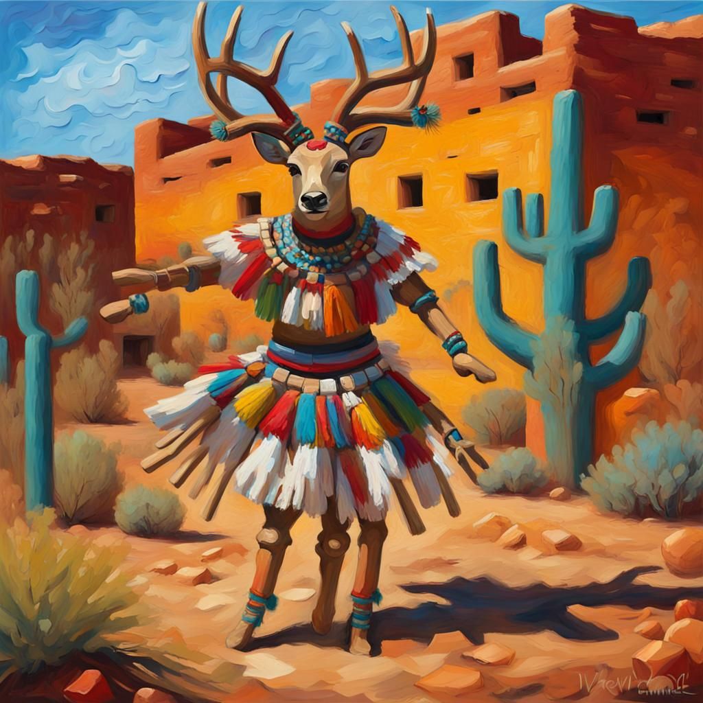Deer Kachina Dancer in Impasto Oil Paint Style