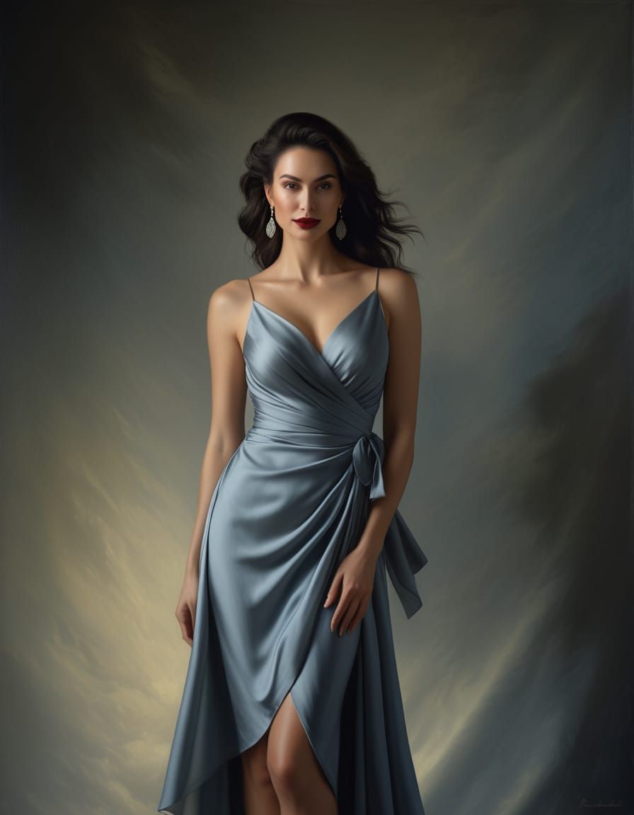 Romantic Realism Woman in Wrap Dress, Oil on Canvas