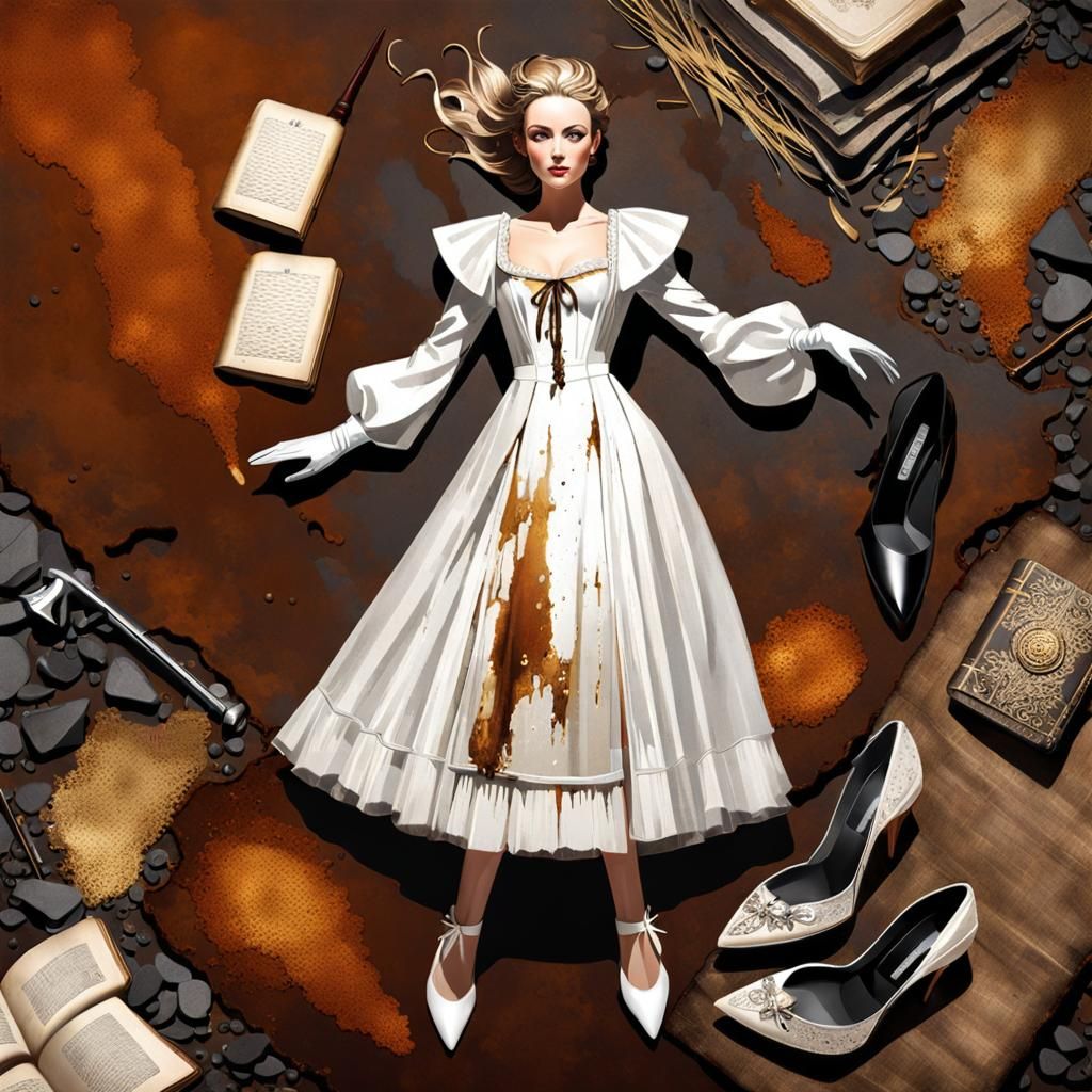 Balthus style Lady wearing a gauzy dress white garter, background made with melted tar, rust and straw and patina someth...