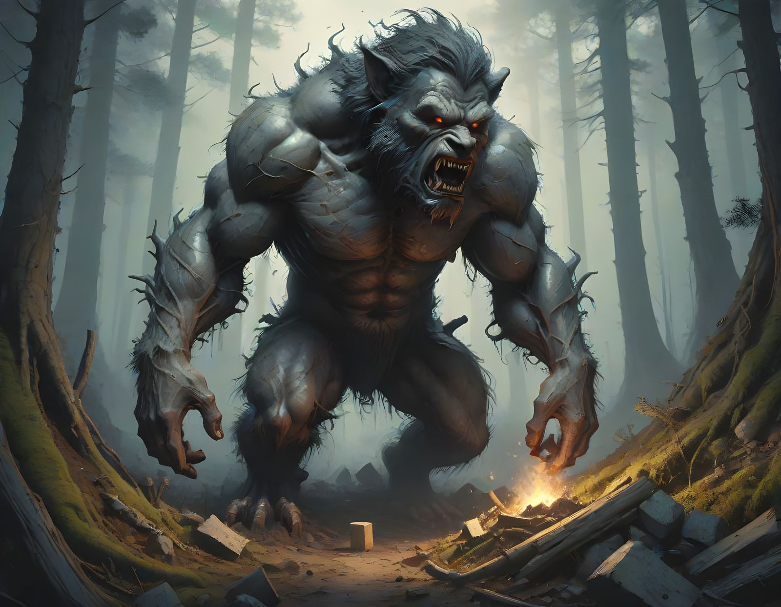 The Wolfman in Eerie Forest Landscape