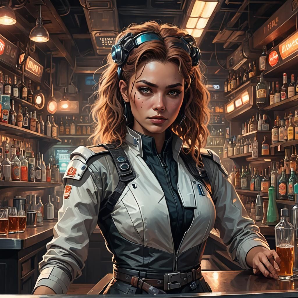 Dystopian Sci-Fi Bartender in Gritty Futuristic City