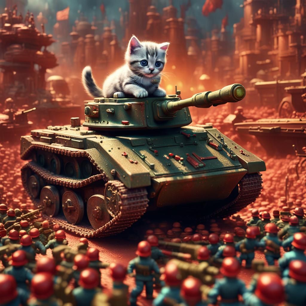 Fuzzy Kitten Leads Toy Tank Army