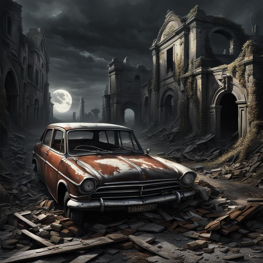 Eerie Ruined World with Abandoned Car