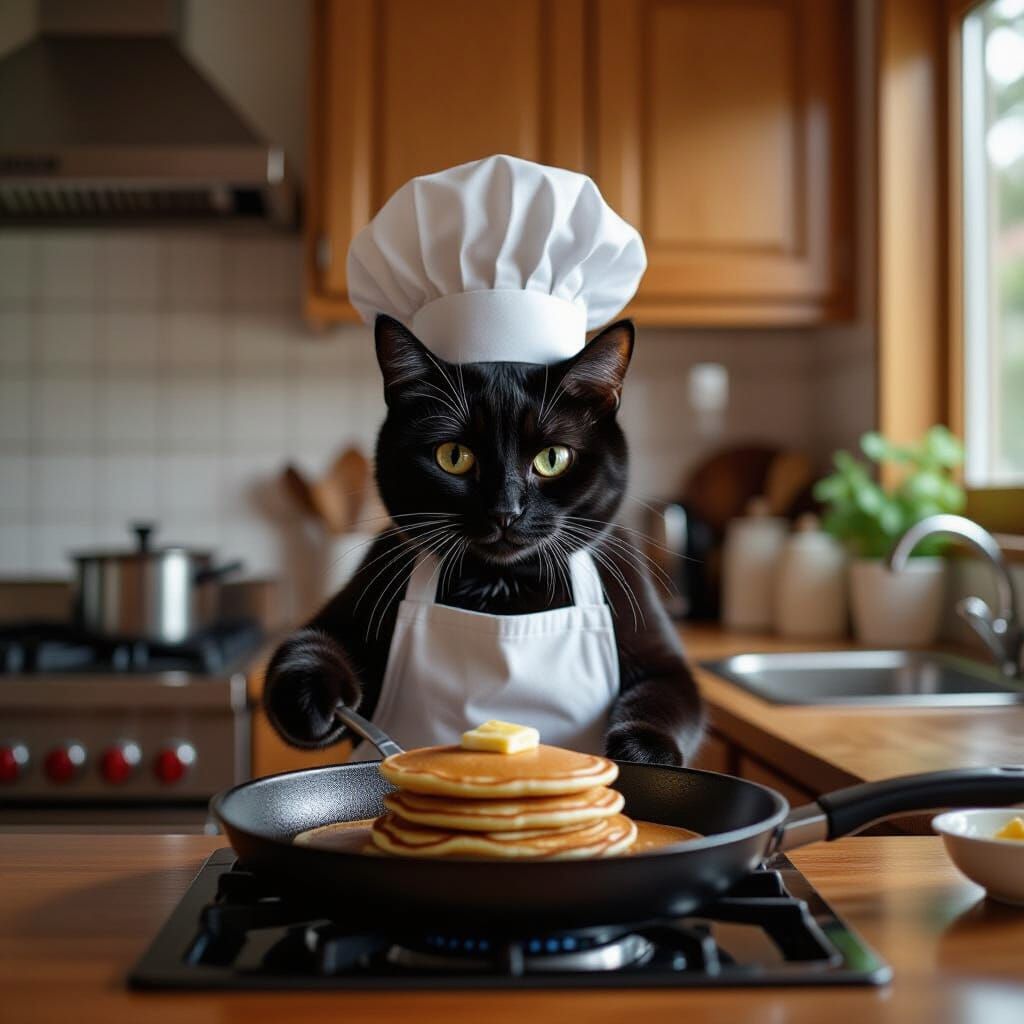 Black Cat Chef Makes Pancakes in Cozy Kitchen