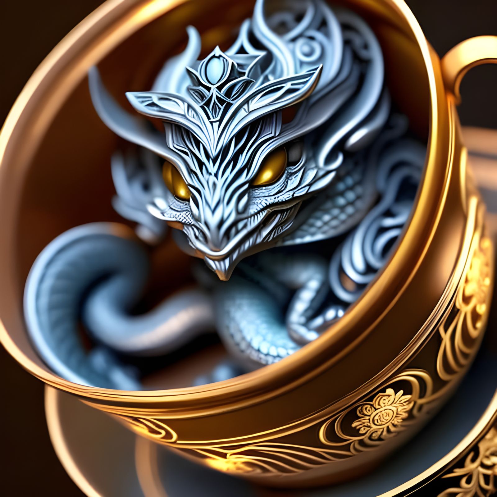 Cute Baby Dragon in Filigree Teacup, Detailed 8K