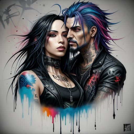 Sensual Couple's Cyberpunk Embrace in Luis Royo Style