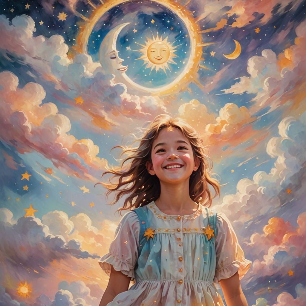 Impressionistic Girl Surrounded by Sun, Moon and Stars