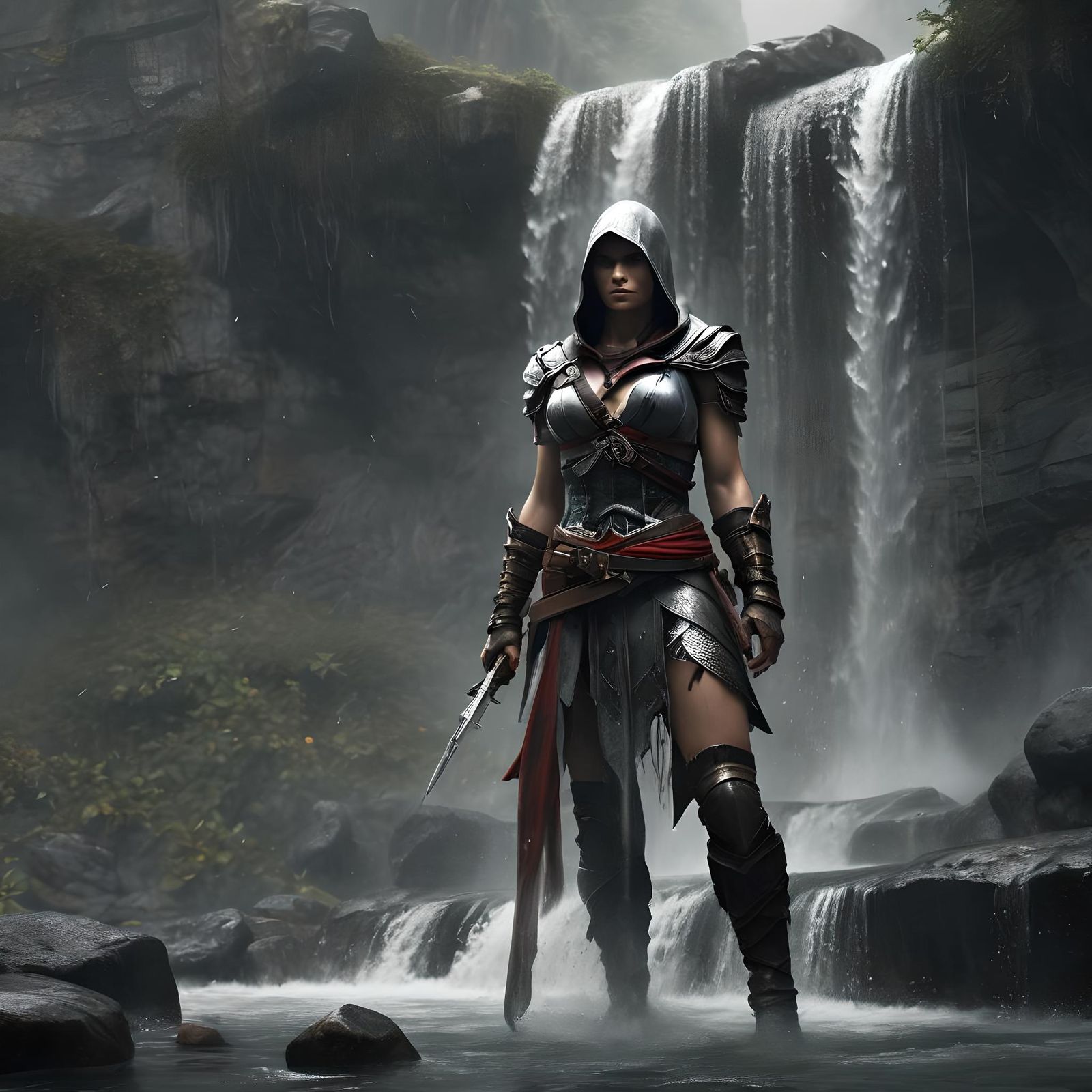(Assassin's Creed: 1.5) (Female Warrior:1) rain and waterfalls wearing fishnet and revealing clothes