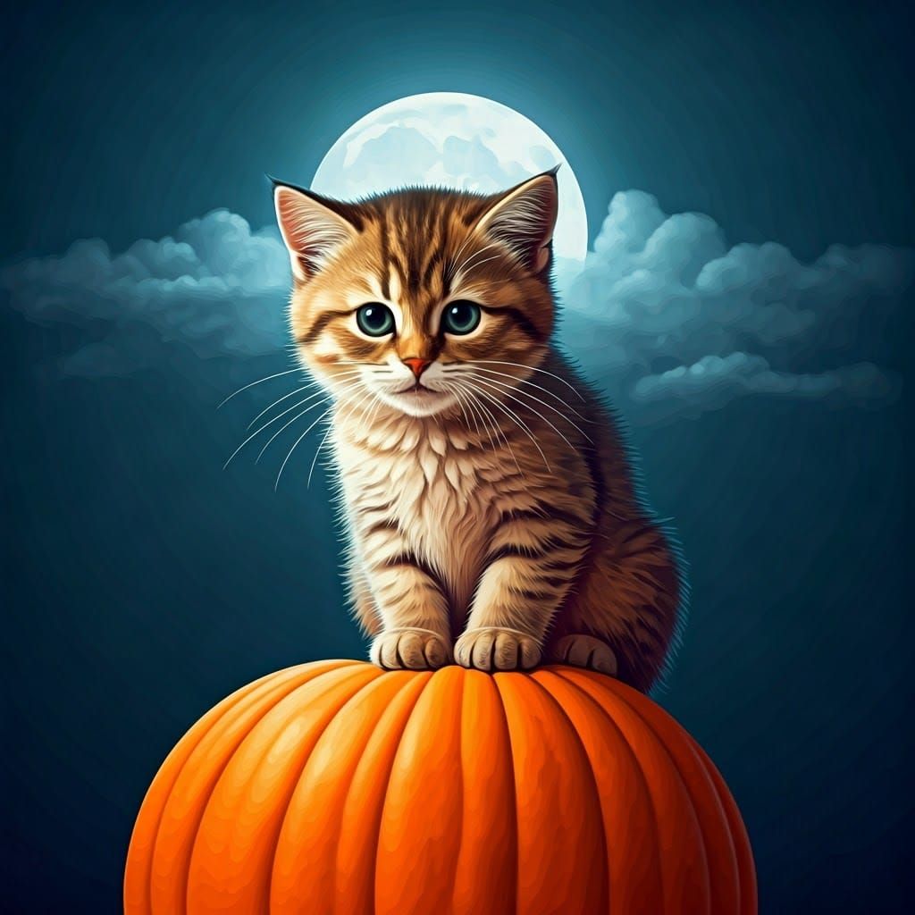 Whimsical Autumn Cat on Pumpkin, Watercolour Illustration