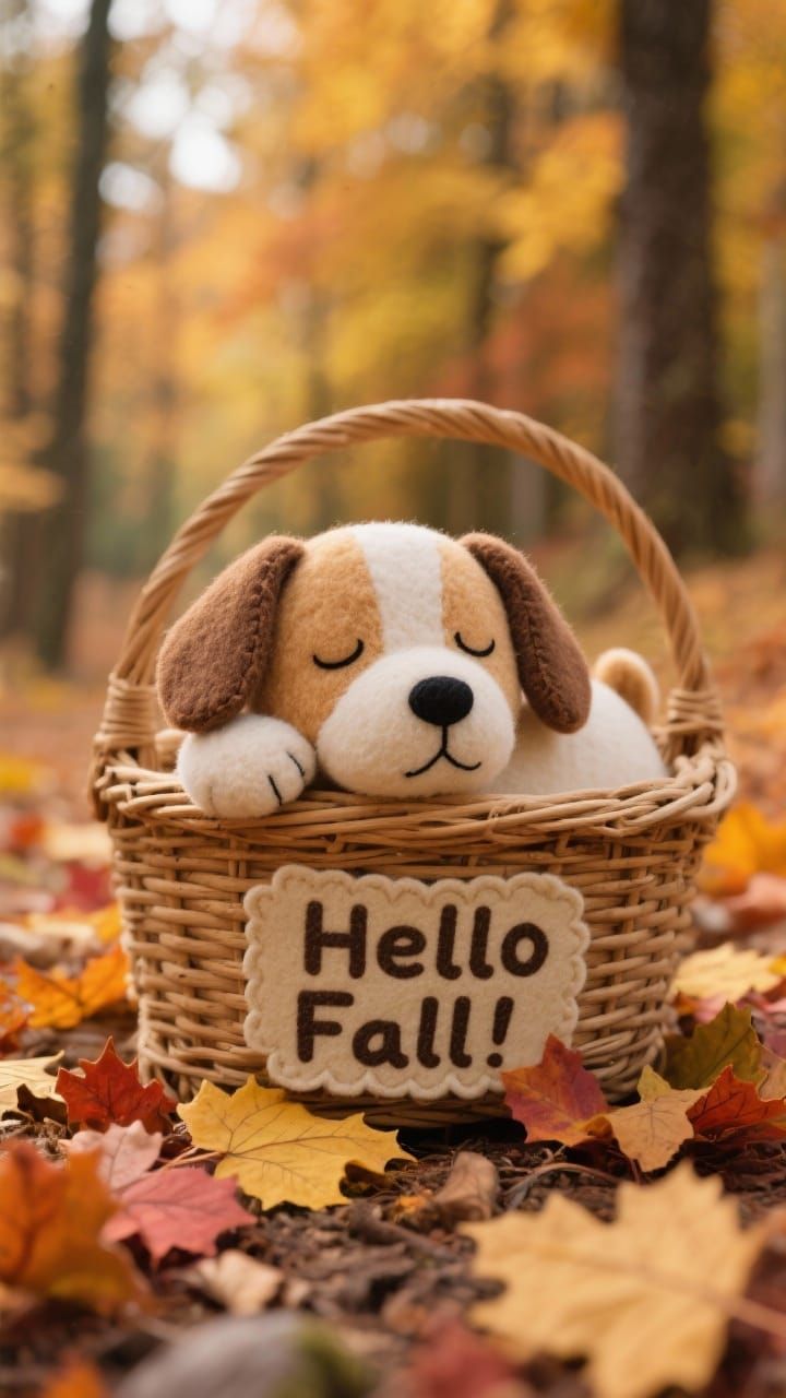 Cute Felt Puppy Sleeps Peacefully in Fall Basket