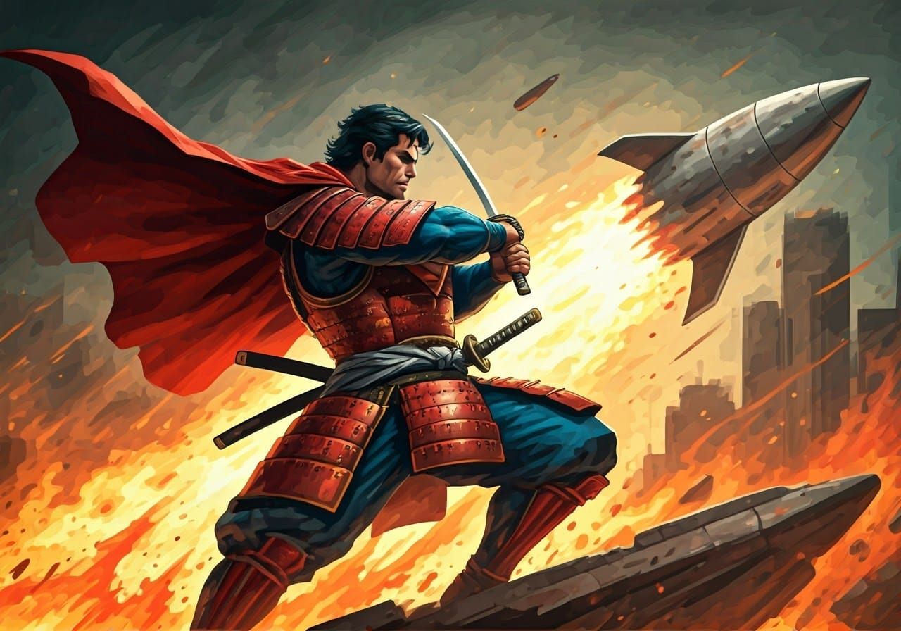 Samurai Superman Slices Rocket: Gouache and Watercolor Art