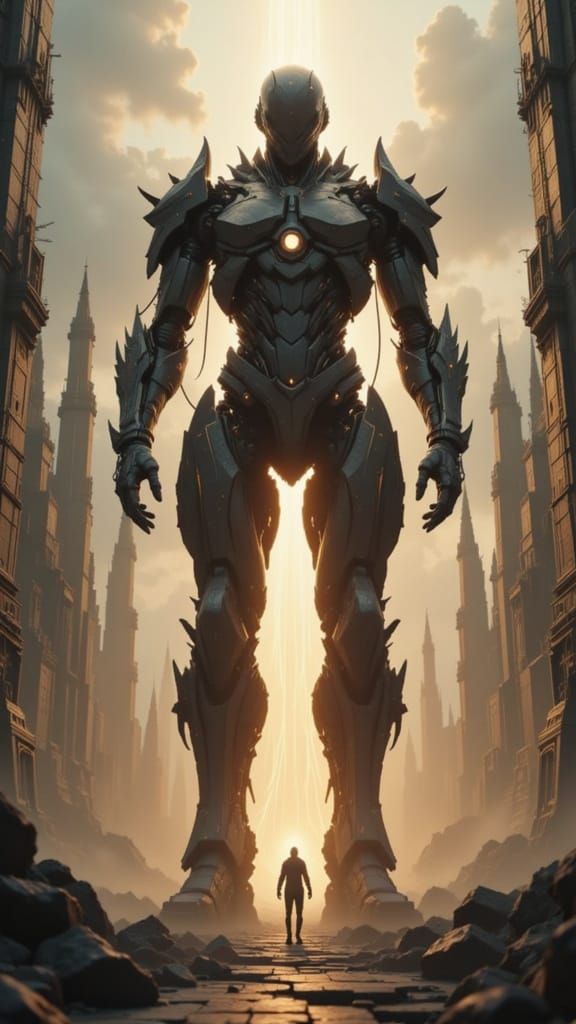 Gritty Cyberpunk Mech in Ruined Metropolis