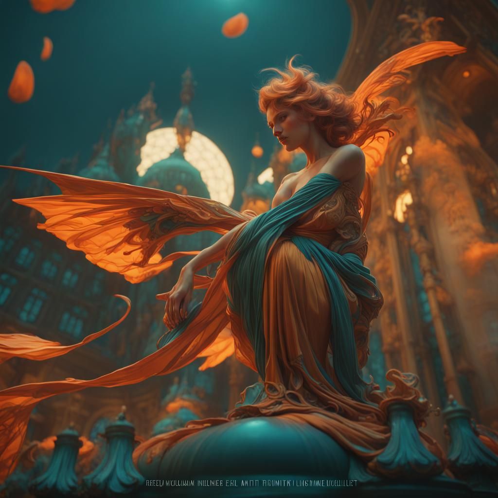 Flying Orange Fairy in Art Nouveau Style
